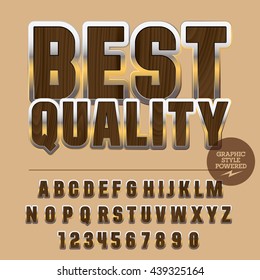 Conjunto vectorial de letras alfabéticas, números y símbolos de puntuación. Bandera de madera y metal con texto Mejor calidad
