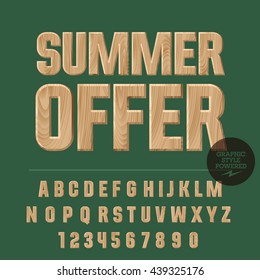 Vector set of alphabet letters, numbers and punctuation symbols. Wood poster with text Summer offer