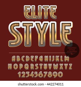 Vector set of alphabet letters, numbers and punctuation symbols. Golden logotype with text Elite style