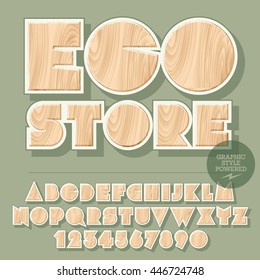 Vector set of alphabet letters, numbers and punctuation symbols. Wooden emblem for ecology activity with text Eco store