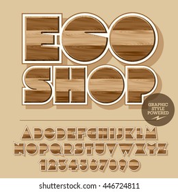 Conjunto vectorial de letras alfabéticas, números y símbolos de puntuación. Logo de madera para actividad ecológica con texto Eco shop