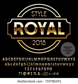 Vector set of Alphabet Letters, Numbers and Punctuation symbols. Gold Emblem with text Style Royal. Graphic Style Font