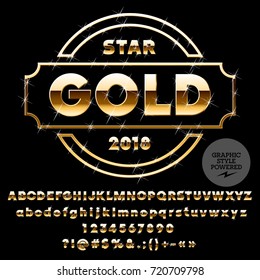 Vector set of Alphabet Letters, Numbers and Punctuation Symbols. Gold Emblem with text Star Gold. Font contains Graphic Style