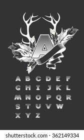 vector set of alphabet letters squared, on a black background capitalized the first letter is decorated with feathers and ribbon