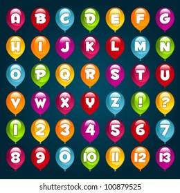 Vector set of alphabet and numbers with party birthday balloons.