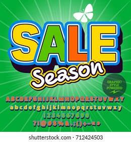 Vector set of Alphabet, numbers and symbols. Colorful banner for Season Sale. Graphic Font style