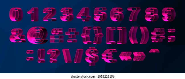 Vector set, alphabet orthogonal hollow, realistic illuminated, silhouettes of symbols.