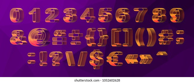 Vector set, alphabet orthogonal hollow, realistic illuminated, silhouettes of symbols.