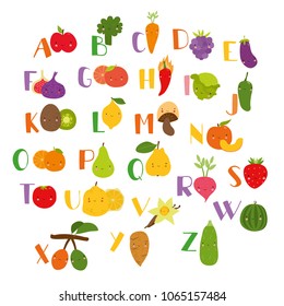 vector set alphabet with vegetables, fruits and berries. Vegetarian set, learning the alphabet for children. cute illustrations