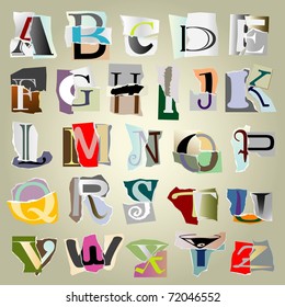 vector set alphabet:big collage latters based on ripped paper pieces