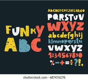 Vector set Alphabets. Cute colorful English alphabet, vintage font on dark background, bold, funny hand written capital ABC. Lowercase and uppercase letters, numbers and sigst on dark background