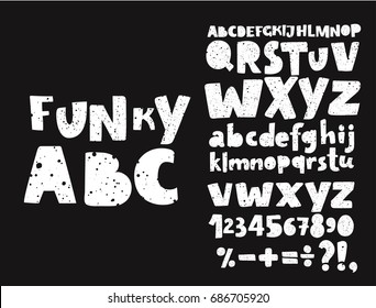 Vector set of Alphabets. Cute  English alphabet, vintage font on dark background, bold funny hand written and capital ABC numbers and sights in black and white color