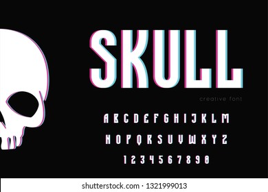 Vector set Alphabets. Dark English alphabet, vintage font on dark background, bold, skull hand written capital ABC. Lowercase and uppercase letters, numbers and skull on dark background.