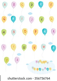 Vector set of alphabets with party birthday balloons. 