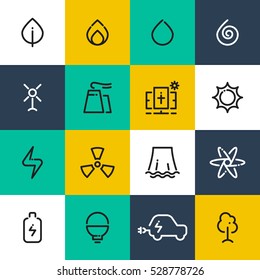 Vector set of alternative energy line icons. Wind, solar, water and bio renewable energy. Green electricity line logo concept. Natural elements