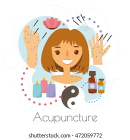 vector set alternative medicine. beautiful girl, acupuncture accessories, lotus. you can use  elements for infographic, web, flyer,  salon design, store, shop