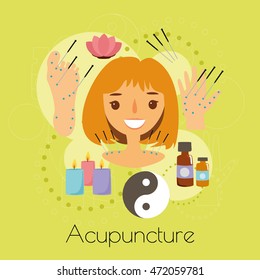 vector set alternative medicine. beautiful girl, acupuncture accessories, lotus. you can use  elements for infographics, web, flyers,  salon design, store, shop