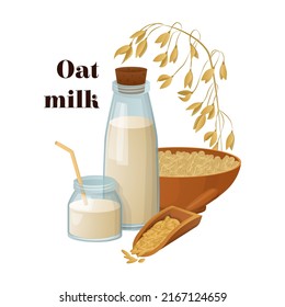 Vector set of alternative milk and its composition. Set of oat products with dry oat flakes in a bowl, grains in a ladle, and fresh ear is depicted. Concept healthy food, drinking with lactose less.