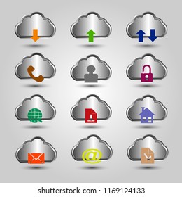 The vector set of aluminium cloud icon with dfferent symbol