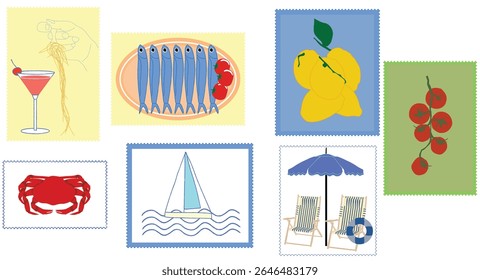 Conjunto de Vector de la impresión de la etiqueta engomada del sello de Amalfi, sello de la postal del viaje del Vector de la impresión del arte de la pared. Ilustración vectorial.