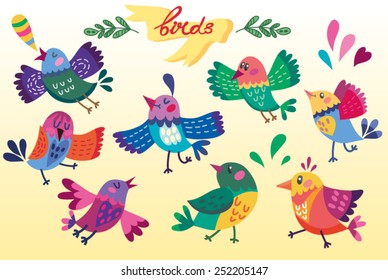 Vector set of amazing cartoon birds.