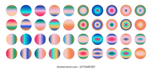 Vector set of amazing Y2K aura gradients. Experimental color palette. Geometric elements for social media, branding, logo design. Big collection of edgy cyber technology big data design elements