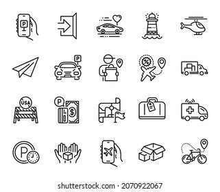 Vector set of Ambulance car, Lighthouse and Flight mode line icons set. Parking time, Honeymoon travel and Helicopter icons. Paper plane, Truck transport and Exit signs. Vector