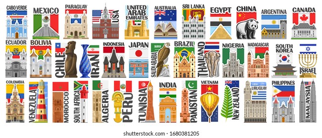 Vector set of American and Asian Countries with flags and symbols, 38 isolated vertical labels with national state flags and brush font for different words, decorative stickers for independence day.