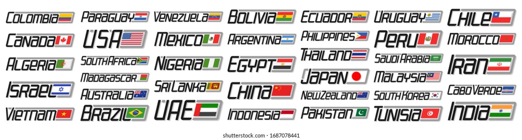Conjunto de vectores de Banderas de Países Americanos y Asiáticos, 38 signos decorativos aislados con banderas nacionales del estado y letras originales para diferentes palabras, diseños industriales exportan iconos con muchas banderas diversas.