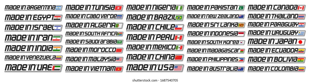 Serie de vectores de Banderas de Países Americanos y Asiáticos, 38 títulos decorativos aislados con banderas nacionales del estado y letras originales para diferentes palabras hechas en, diseño de la industria de productos de exportación placas con banderas