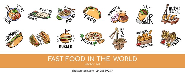 Vector set of American, European and Asian fast food