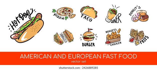 Vector set of American, European fast food