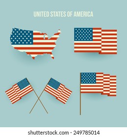 Vector Set of american flag and map. Flat design