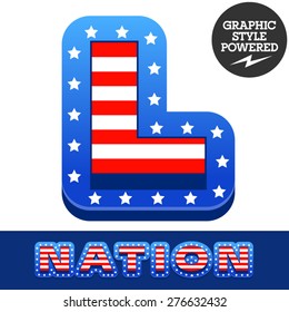 Vector set of american flag stripes and stars alphabet. Letter L
