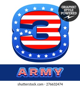 Vector set of american flag stripes and stars alphabet. Number 3