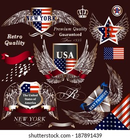 Vector set of American labels with USA flag for design