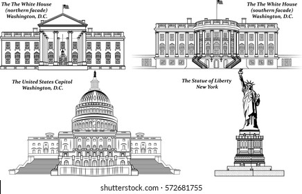 Vector set of American Landmarks: The Statue of Liberty, The United States Capitol, The White House (northern and southern facade)