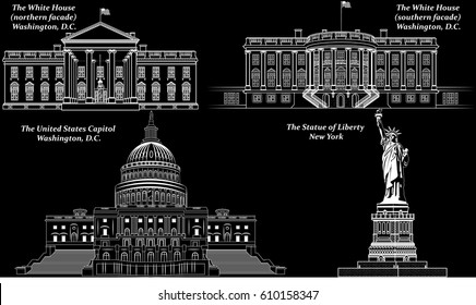 Vector set of American Landmarks: The Statue of Liberty, The United States Capitol, The White House (northern and southern facade). Illustration isolated on black background.