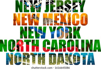 vector set of American states word with animals - New Jersey, New Mexico, New York, North Carolina, North Dakota