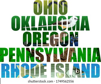 vector set of American states word with animals - Ohio, oklahoma, Oregon, Pennsylvania, Rhode island