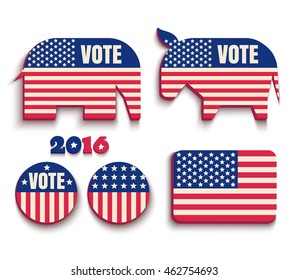 Vector set american symbols. Flag, donkey and elephant. USA icons.