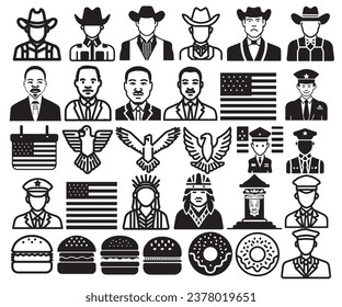 Juego de vectores de íconos estadounidenses. Bandera, veterano, vaquero, MLK, águila calva, donut, cheeseburger, nativo americano. Pictogramas patrióticos en Estados Unidos.