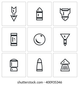 Vector Set of Ammunition Icons. Arrow, Bullet, Bomb, Shot, Core, Dart, Explosive Patron, Rrifle Cartridge, Pneumatic Chuck. Striking element of small arms. Isolated symbols on a white background