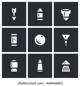 Vector Set of Ammunition Icons. Arrow, Bullet, Bomb, Shot, Core, Dart, Explosive Patron, Rrifle Cartridge, Pneumatic Chuck. Striking element of small arms. Isolated symbols on a white background
