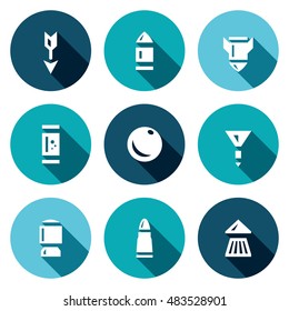 Vector Set of Ammunition Icons. Arrow, Bullet, Bomb, Shot, Core, Dart, Explosive Patron, Rrifle Cartridge, Pneumatic Chuck.