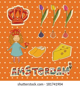 Vector set of Amsterdam city. Vector set of Queen Day. 
