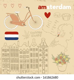 Vector set of Amsterdam symbols on vintage old papers. Collections of hand drawn doodles.