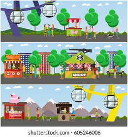 Vector set of amusement park concept posters, banners. Amusement park area with ferris wheel, shooting range attractions, food stalls, trolley and people having rest design elements in flat style.