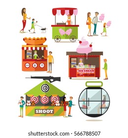 Vector Set Of Amusement Park Design Elements, Icons In Flat Style. Kids With Their Parents, Taking Rest, Buying Cotton Candy, Ice Cream And Hot Dog. Street Food Truck, Stall, Kiosk. Shooting Range.