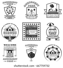 Vector set of amusement park isolated icons and objects. Black and white amusement park symbols and design elements. Attractions, carousel, wheel, ice cream cart.